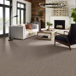 Brown Textured Shaw Floors carpet in rustic living room | A & S Carpet Collection