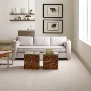 Light gray Shaw Floors carpet in a lightly colored living room | A & S Carpet Collection