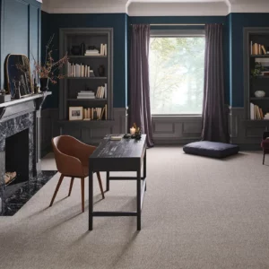 Beige-gray Shaw Floors carpet in a darkly lit residential office | A & S Carpet Collection