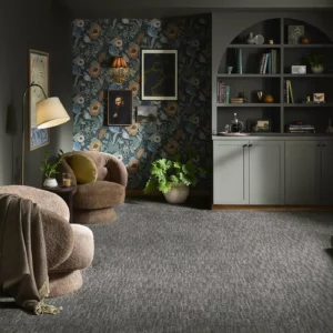 Dark gray Shaw Floors carpet in a botanical themed sitting room | A & S Carpet Collection